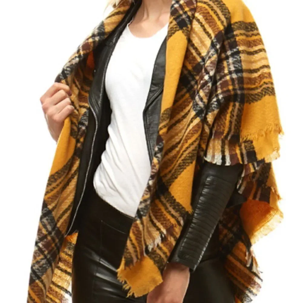Ladies Mustard Plaid Blanket Scarf